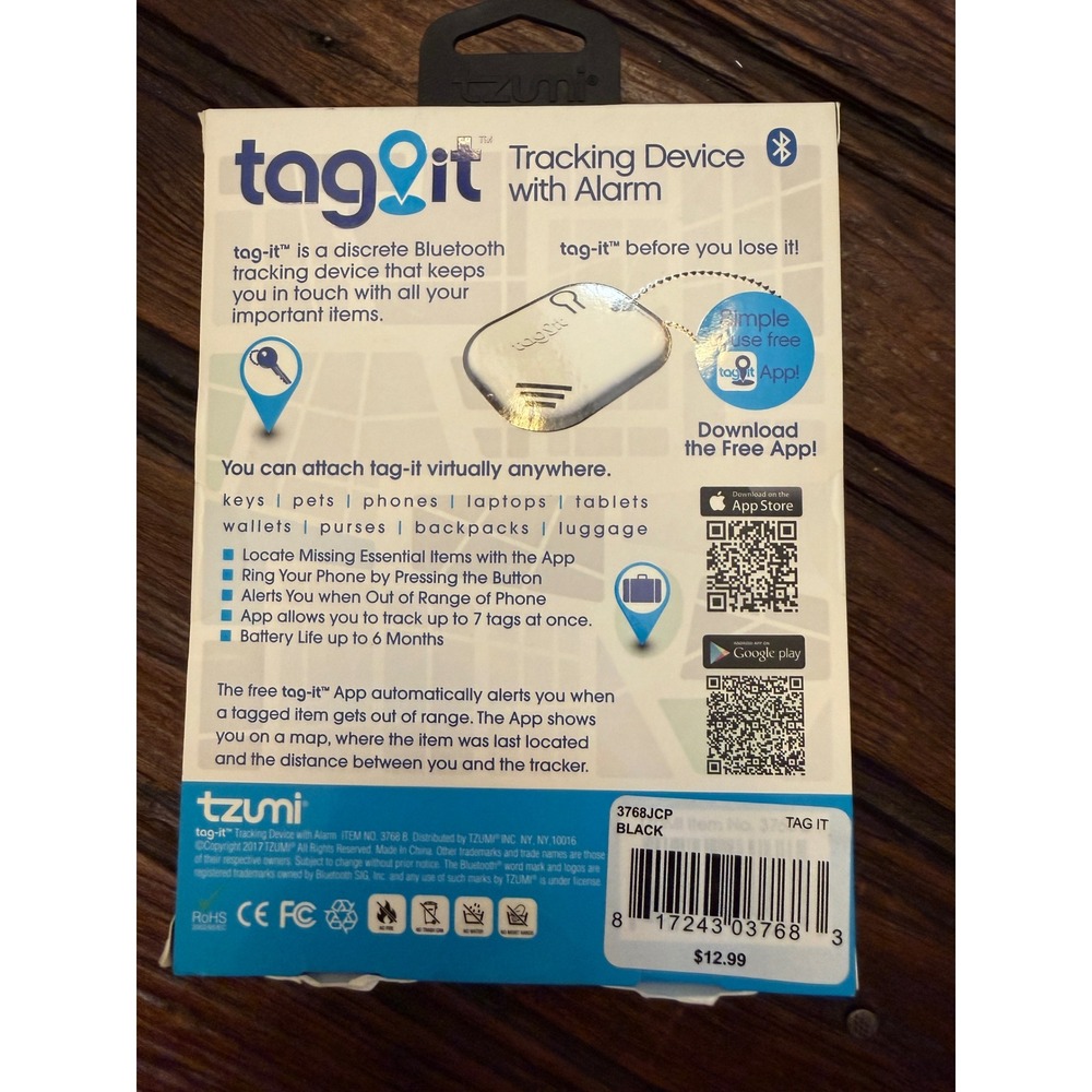 Tzumi Tag-it Bluetooth Tracking Device with Alarm Black 3768JCP Smart Tracker - Picture 2 of 2